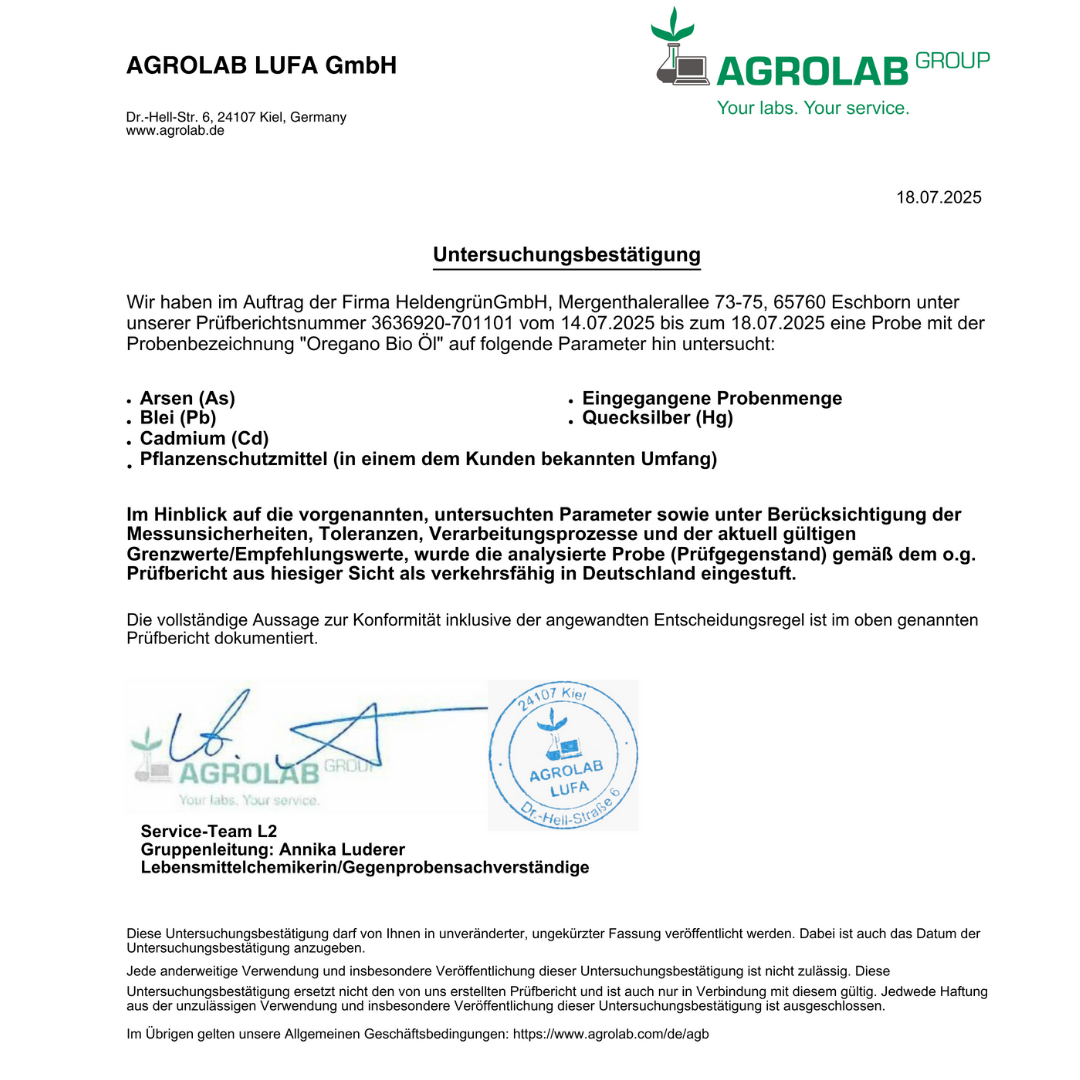 Bio-Oreganoöl (>92% Carvacrol) Heldengrün